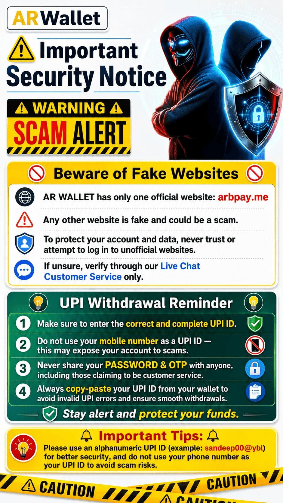 ARWallet security notice warning against fake websites and listing UPI safety reminders
